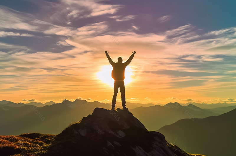 徒步旅行者到达顶峰举起手臂欢呼实拍,高清,摄影图,摄影图片,图片大全,摄影图免费下载